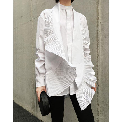 Women Stand Collar Pleat Designed Shirts-STYLEGOING