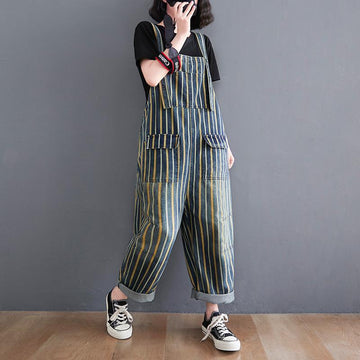 Plus Sizes Striped Pocket Demin Jumpsuits-STYLEGOING