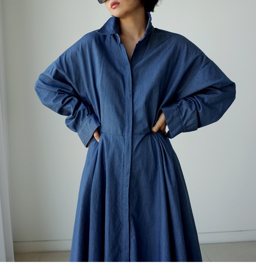 Blue Long Sleeve Loose Demin Shirts Maxi Dresses-STYLEGOING