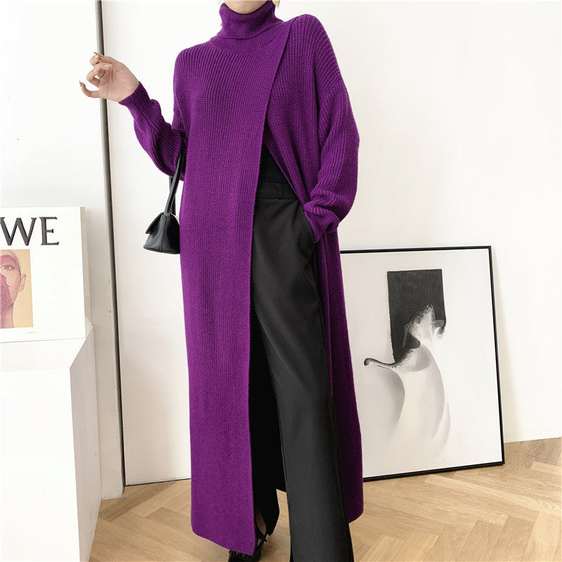 Designed High Neck Split Knitted Pullover Long Dresses