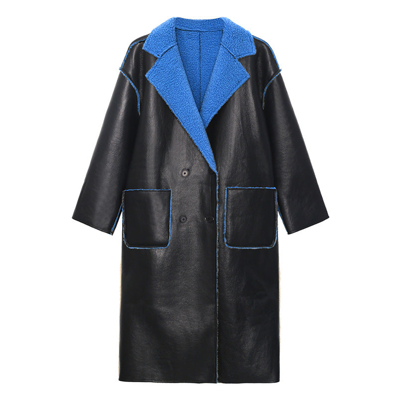 Reversible Leather Fur Thicken Winter Blazer Long Overcoat