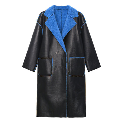 Reversible Leather Fur Thicken Winter Blazer Long Overcoat