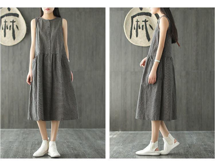 Vintage Sleeveless Linen Summer Midi Dresses