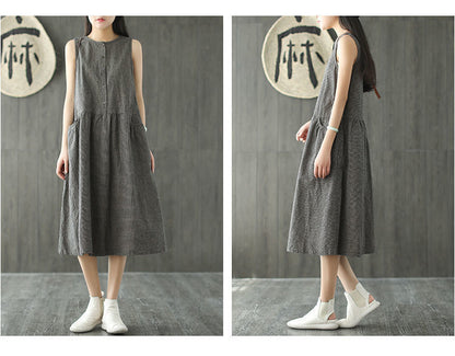 Vintage Sleeveless Linen Summer Midi Dresses