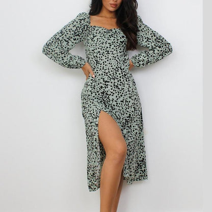 Women Square Neckline Fashon Split Fall Dresses-STYLEGOING