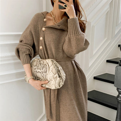 Loose Turtleneck Lace Up Knitted Winter Long Dresses