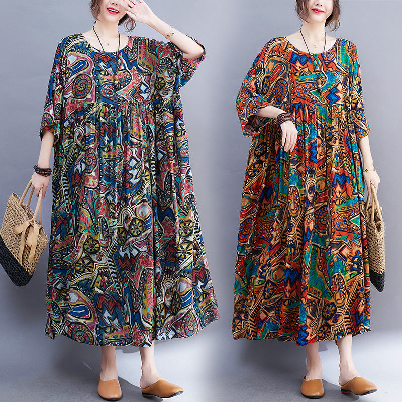 Vintage Round Neck Women Short Sleeves Plus Sizes Dresses