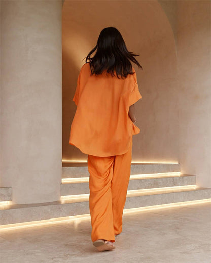 Summer Short Sleeves Orange Shirts and Wide Leg Pants Two Pieces Suits