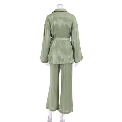 Casual Satin Women Long Sleeves Shirts and Wide Leg Pants