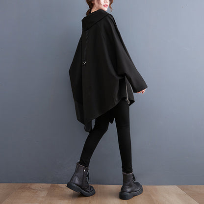 Black Pullover Long Sleeves Irregular Hoodies for Women