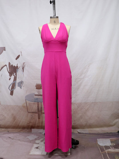 Sexy Shoulder Straps Rose Red Wide Legs Jumpsuits