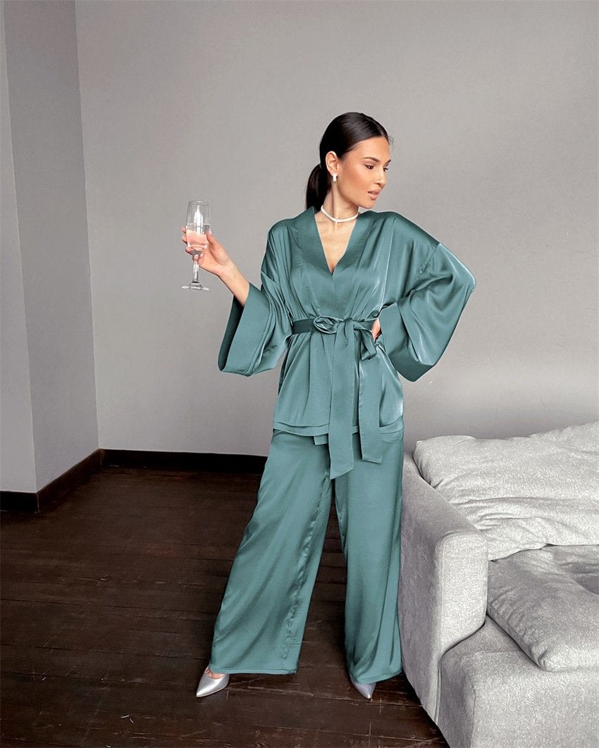 Women Satin Lace Up Fall Sleepwear Suits for Women