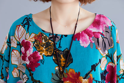 Ethnic Floral Print Plus Sizes Linen Dresses