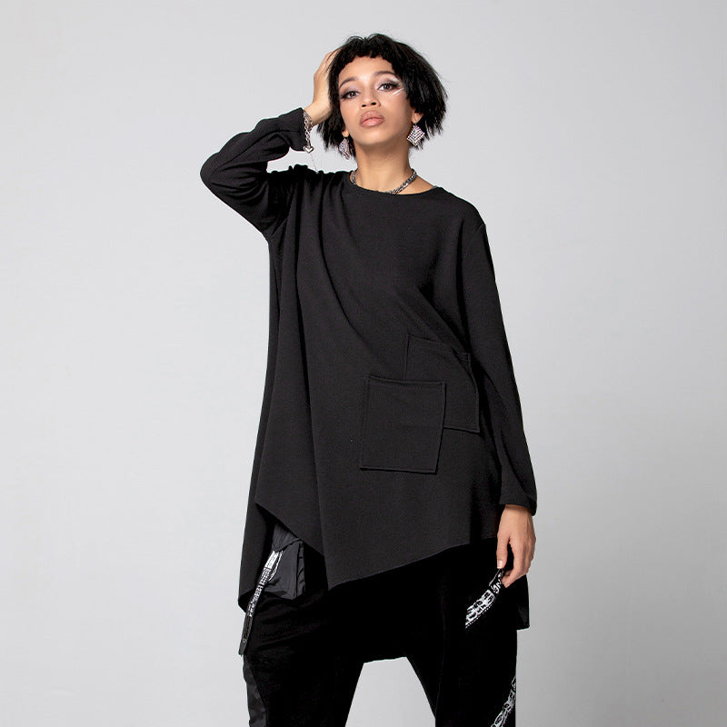 Black Round Neck Irregular Women Long Sleeves T Shirts