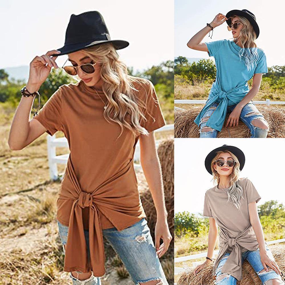 Women Summer Round Neck Bowknot T-Shirts-STYLEGOING