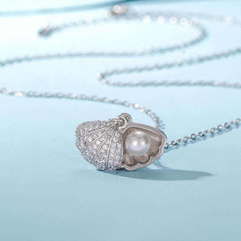 Women Fan Shaped Pearl Sterling Sliver Necklace