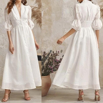 White Classy High Waist Plaid Long Dresses-STYLEGOING