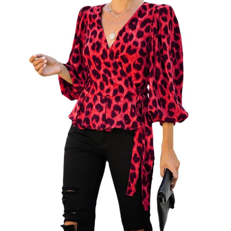 Women V Neck Long Sleeves Leopard Blouses-STYLEGOING
