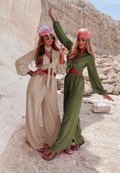 Sexy Long Sleeves Tops & Wide Legs Pants Women Suits