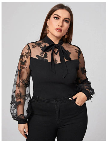 Black Tulle Plus Size Women Long Sleeves Shirts