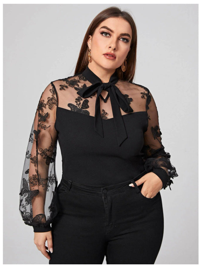 Black Tulle Plus Size Women Long Sleeves Shirts