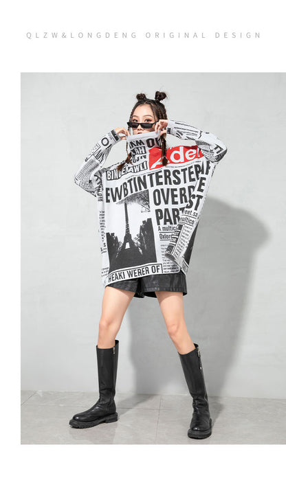 Plus Sizes Turtleneck Newspaper Print Women Sweaters