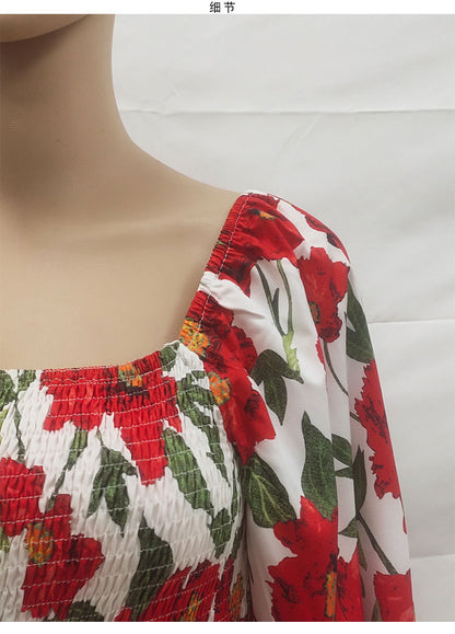 Sexy Red Flowers Long Sleeves Dresses