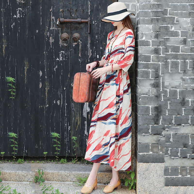 Ethinc Line Summer Half Sleeves Women Long Dresses