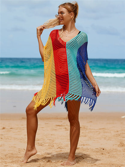 Colorful Knitting Crochet Tassels Swimwear Cover Ups for Women