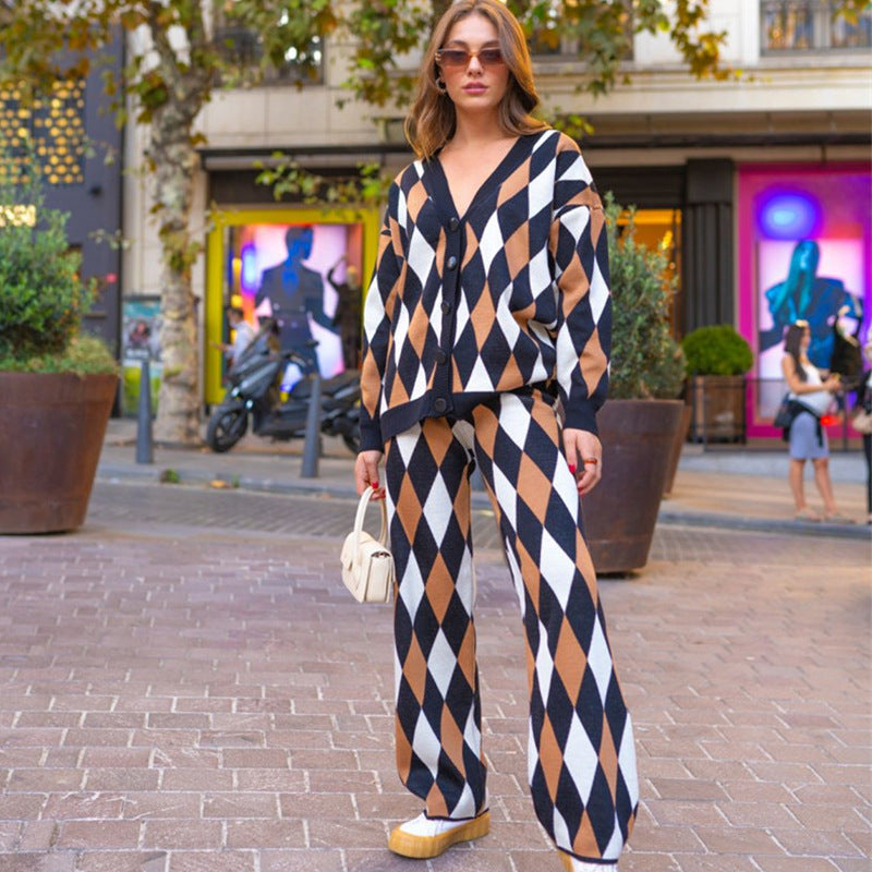 Women Geometry Casual Knitting Top&Pants Two Pieces Suits