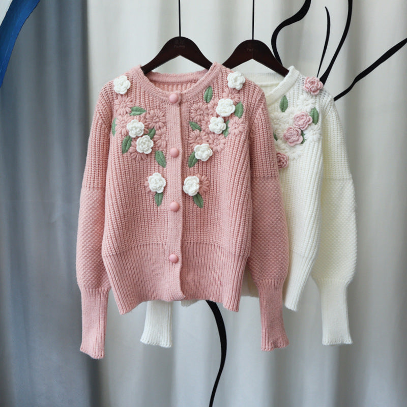 3D Knitting Rose Design Sweetly Knitted Overcoats