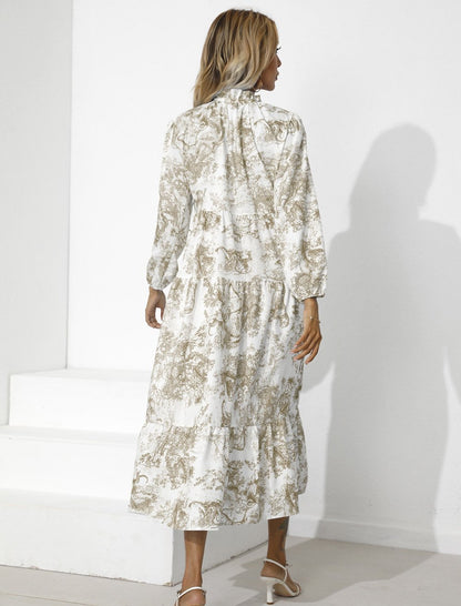 Women Round Neck Loose Fall Long Dresses-STYLEGOING