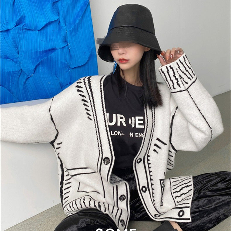 Black and White Graffiti Loose Knitted Sweater Cardigans