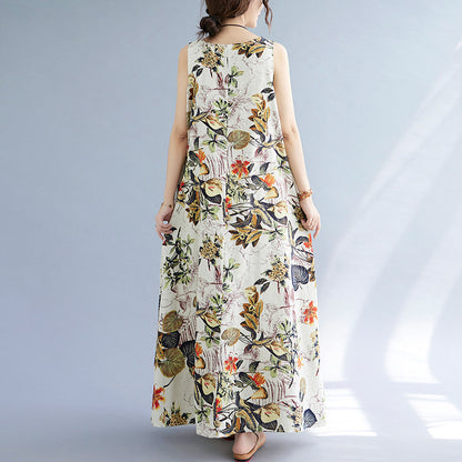 Vintage Linen Sleeveless Vest Women Long Dresses