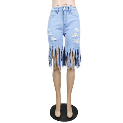 Casual Broken Holes Tassels Short Jeans