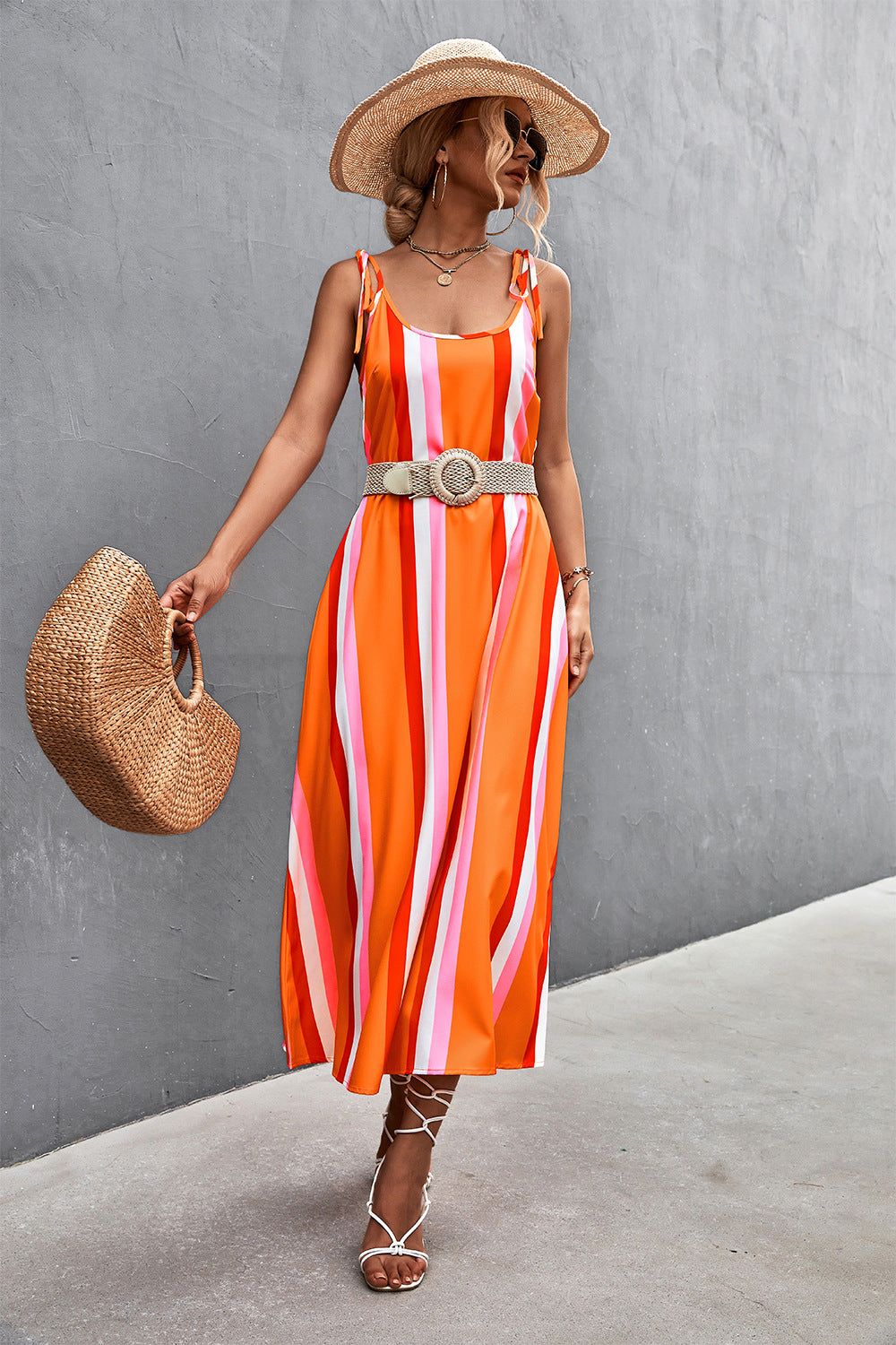 Sexy Backless Striped Long Sleeveless Dresses