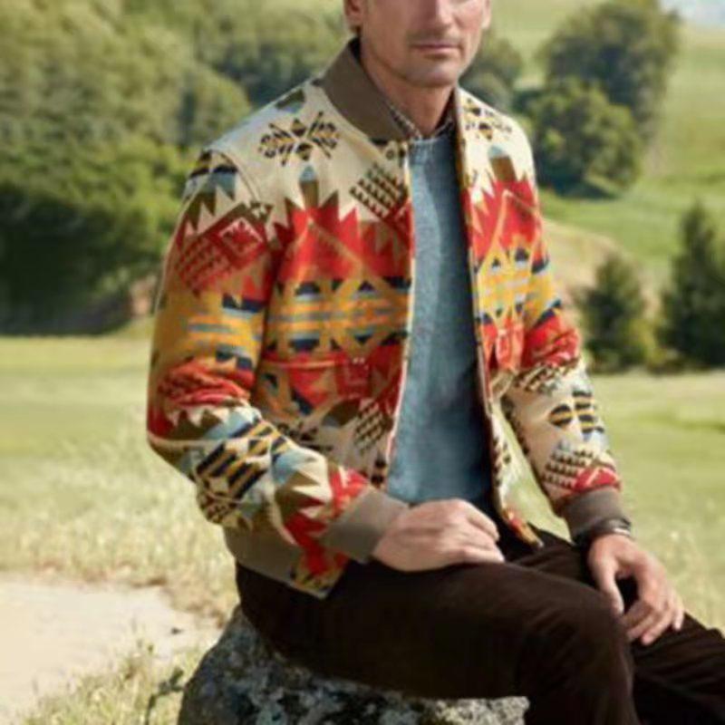 Orange Round Neck Print Men's Jackt Coat-STYLEGOING