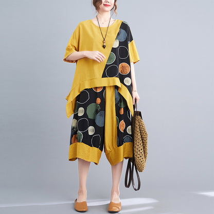 Casual Summer Irregular T Shirts and Wide Legs Cropped Pants