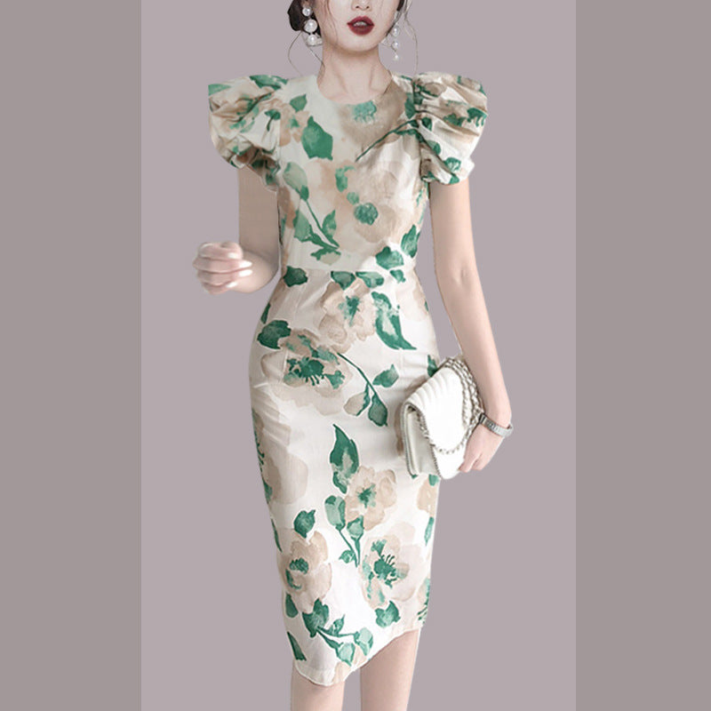 Elegant Summer Round Neck Green Leaf Women Sheath Dresses