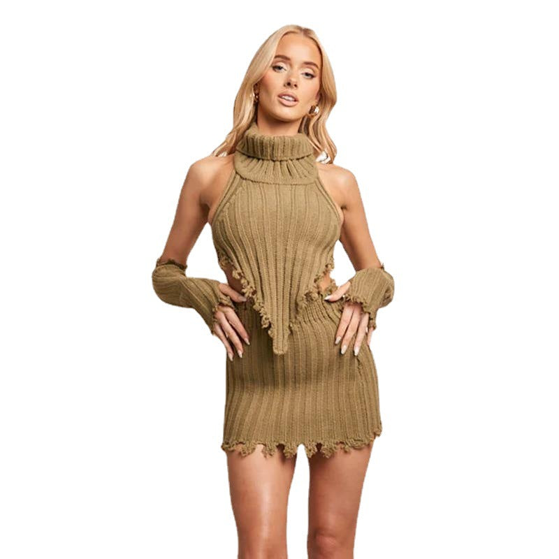 Sexy Halter Knitted Tops and Sheath Skirts for Women