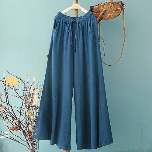 Vintage Linen Elastic Waist Summer Wide Legs Pants for Women