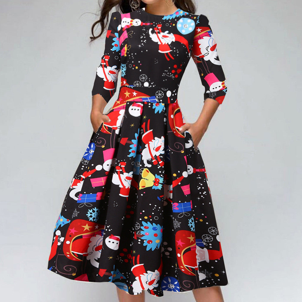 Merry Christmas Round Neck 3/4 Length Short Dresses