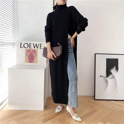 Designed High Neck Split Knitted Pullover Long Dresses