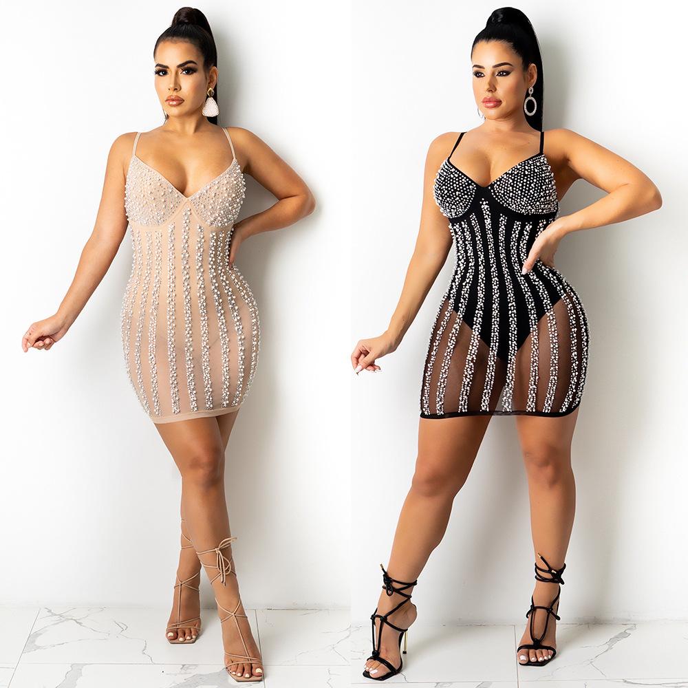 Sexy Women See Through Rhinestone Night Party Dresses-STYLEGOING