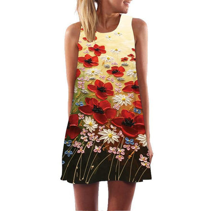 Summer 3D Floral Print Sleeveless Mini Short Dresses-STYLEGOING