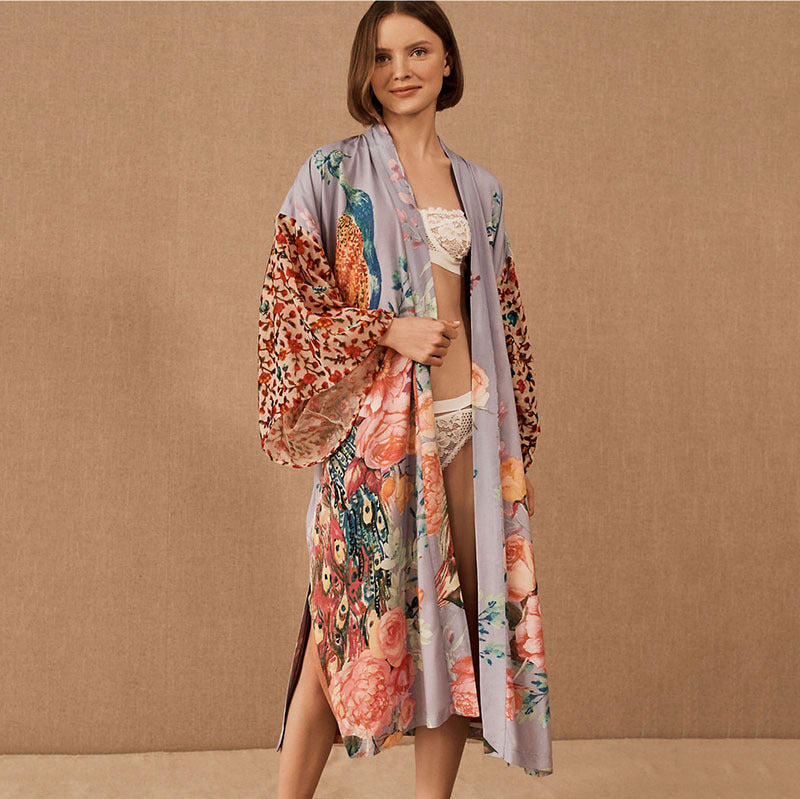Peacock Print Kimono Beachwear Cover Ups