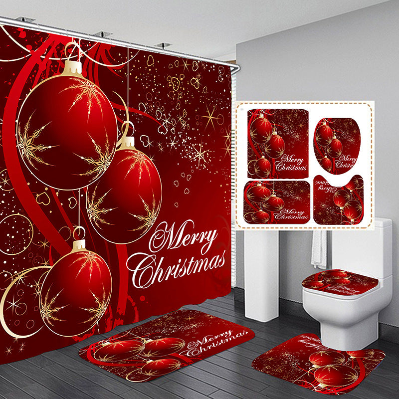 Merry Christmas Balloon Shower Curtain Bathroom Sets Non-Slip Toilet Lid Cover