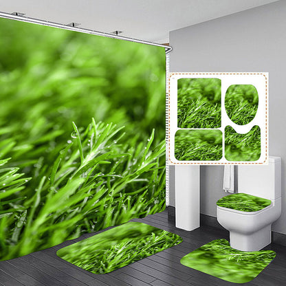 Spring Green Bud Shower Curtain Set Bathroom Rug Bath Mat Non-Slip Toilet Lid Cover