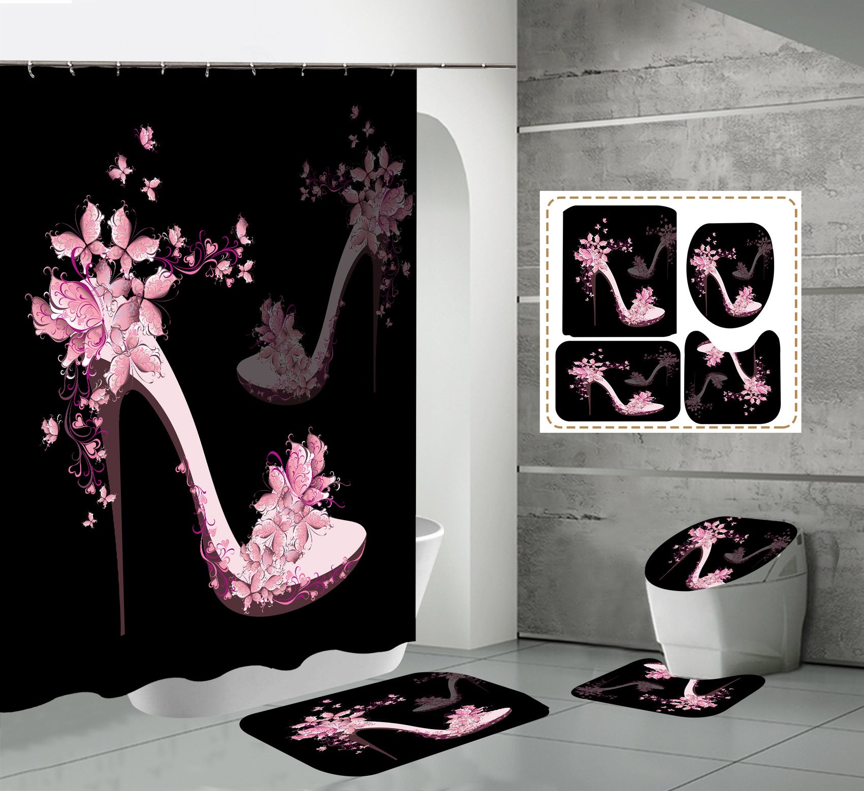 High Heels Design Shower Curtain Set Bathroom Rug Bath Mat Non-Slip Toilet Lid Cover