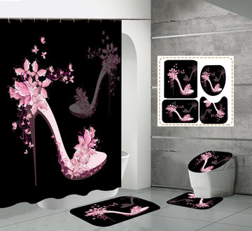 High Heels Design Shower Curtain Set Bathroom Rug Bath Mat Non-Slip Toilet Lid Cover